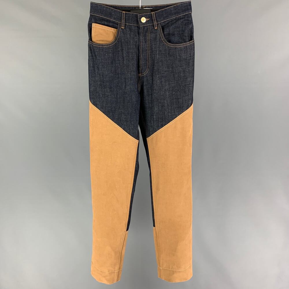 WALES BONNER Blue Tan Color Block Cotton Cashmere High Waisted Jeans